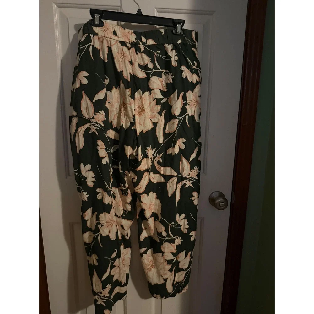 Mango MNG Floral Linen Blend Tapered Pants Green Peach XL High Waist Trousers